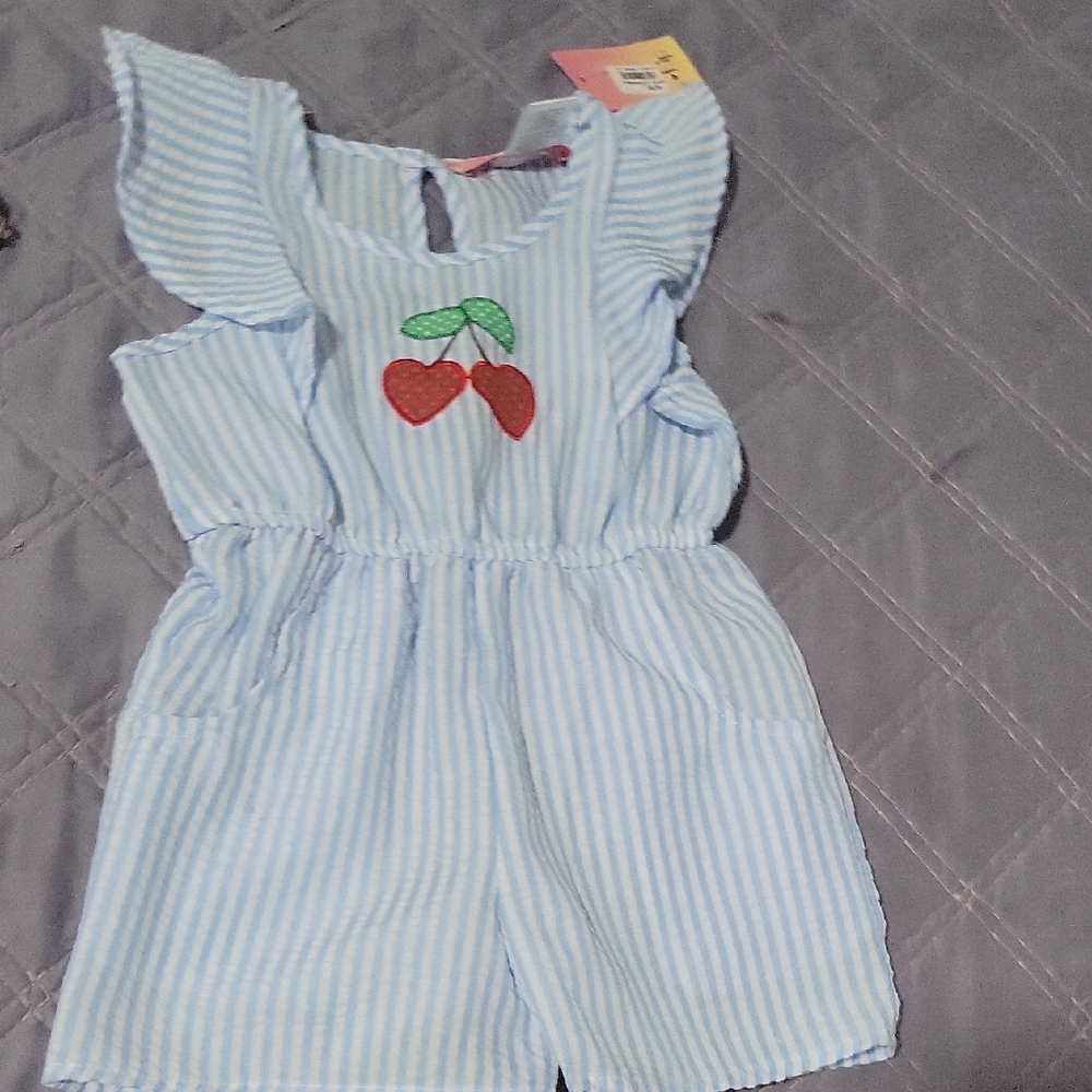 Blue Striped Kids Romper with Cherry Design
